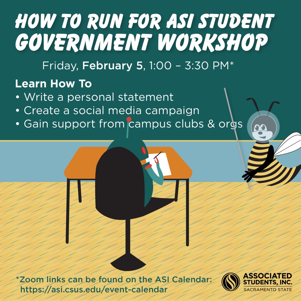Hey Hornets! 🐝Are you interested in learning how to run for ASI Student Government? 

Attend the How To Run For ASI Student Government Workshop on Feb. 5th from 1-3:30PM PST to learn how!

BONUS: Attendees will be entered to win an $100 Amazon Gift card! 💰