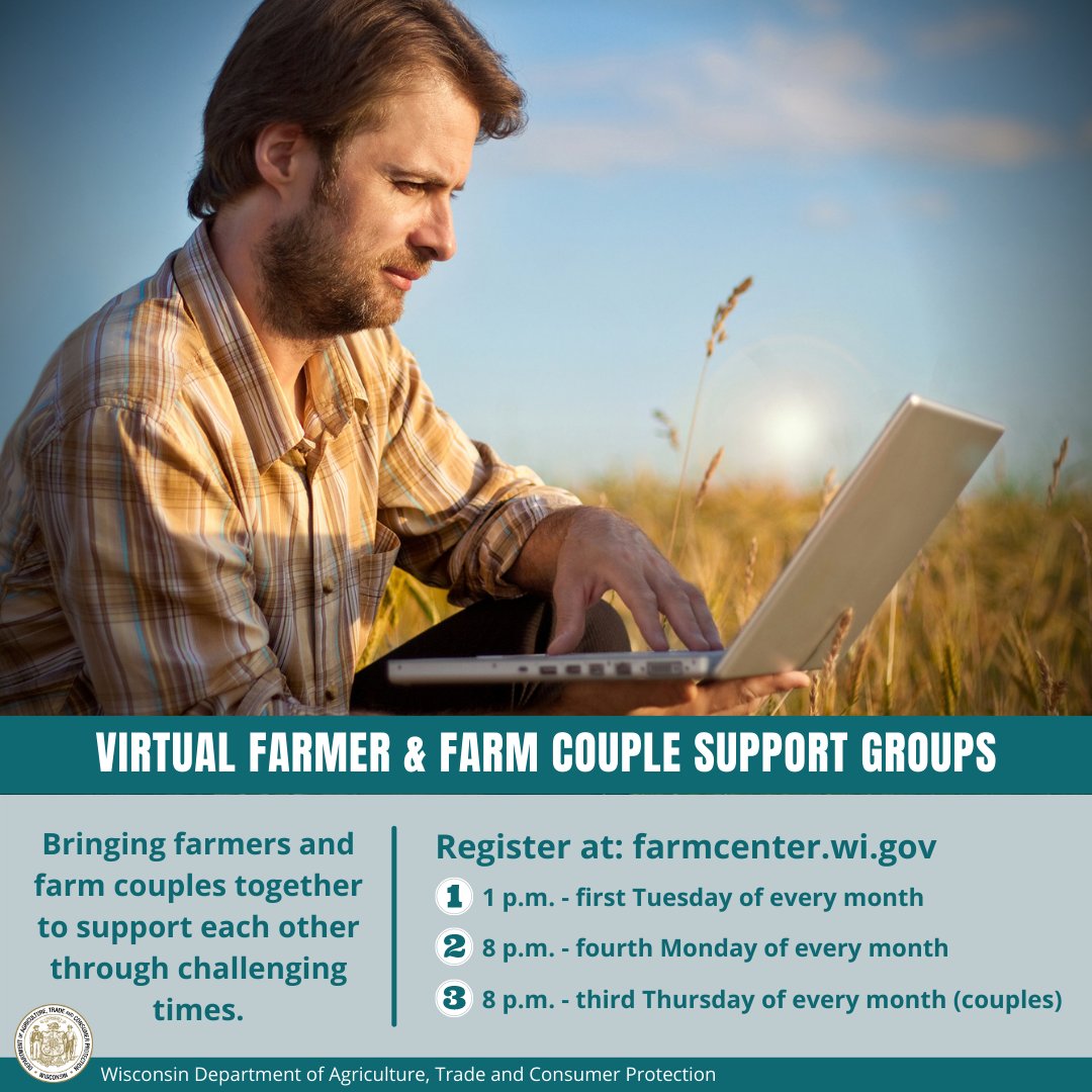 widatcp's tweet photo. DATCP's #Wisconsin Farm Center is offering free virtual support groups beginning in February for Farmers and Farm Couples. Visit https://t.co/FVJHcvuRk2 to register.
#farmcenter
#farmers https://t.co/uYQ1sRXh5U