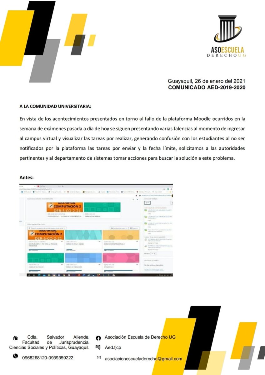 Escuelaug's tweet photo. A LA COMUNIDAD UNIVERSITARIA.

Ante los fallos ocurridos en la plataforma Moodle se exige a las autoridades tomar estrictas cartas en el asunto y una pronta solución pertinente https://t.co/Xvp7dYxCQz