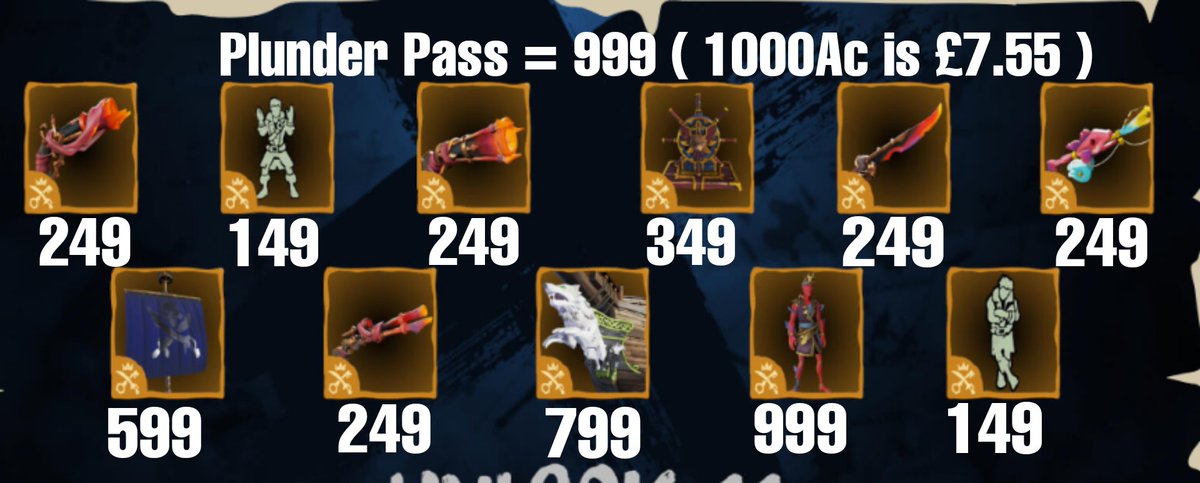 minimemarclee's tweet photo. So as I work it out. If anyone is considering the Plunder Pass I knocked this guide up. 
Totals up to 4309 Ancient Coins and the largest Bundle of Ancient Coins is 4250, which is £29.24 ( or £26.31 with game pass) 
(1000 AC is £8.39 with out game pass)
@SeaOfThieves #BeMorePirate https://t.co/8Bir6XWQTO