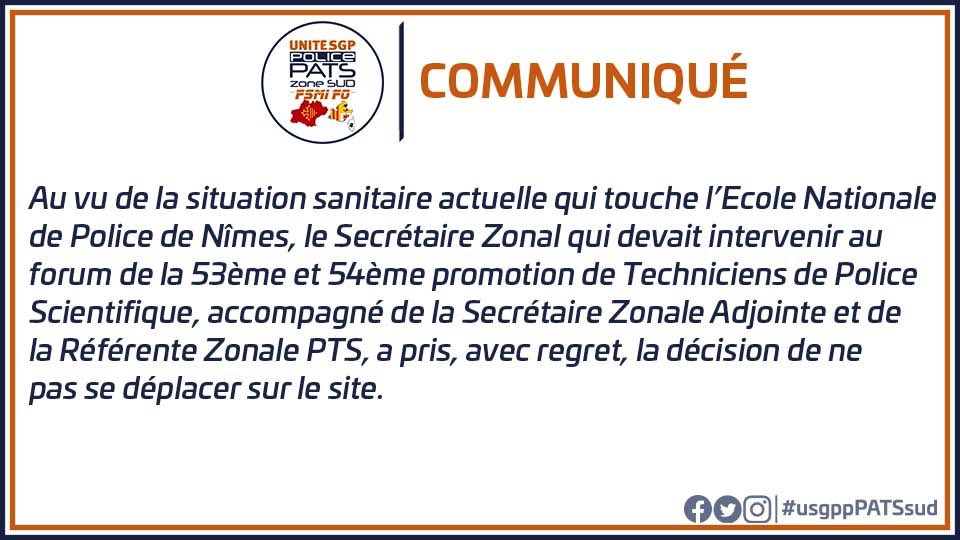un1tePATSsud's tweet photo. 🗣 Communiqué Officiel | Forum PTS.

Au vu de la situation sanitaire actuelle qui touche l’ENP de #Nîmes, @GaetanKhelifa a pris la décision de ne pas déplacer l’équipe Zonale sur site.
#RestezPrudents • #usgppPATSsud • #usgppPATS_PTS https://t.co/QFdiS5YE30
