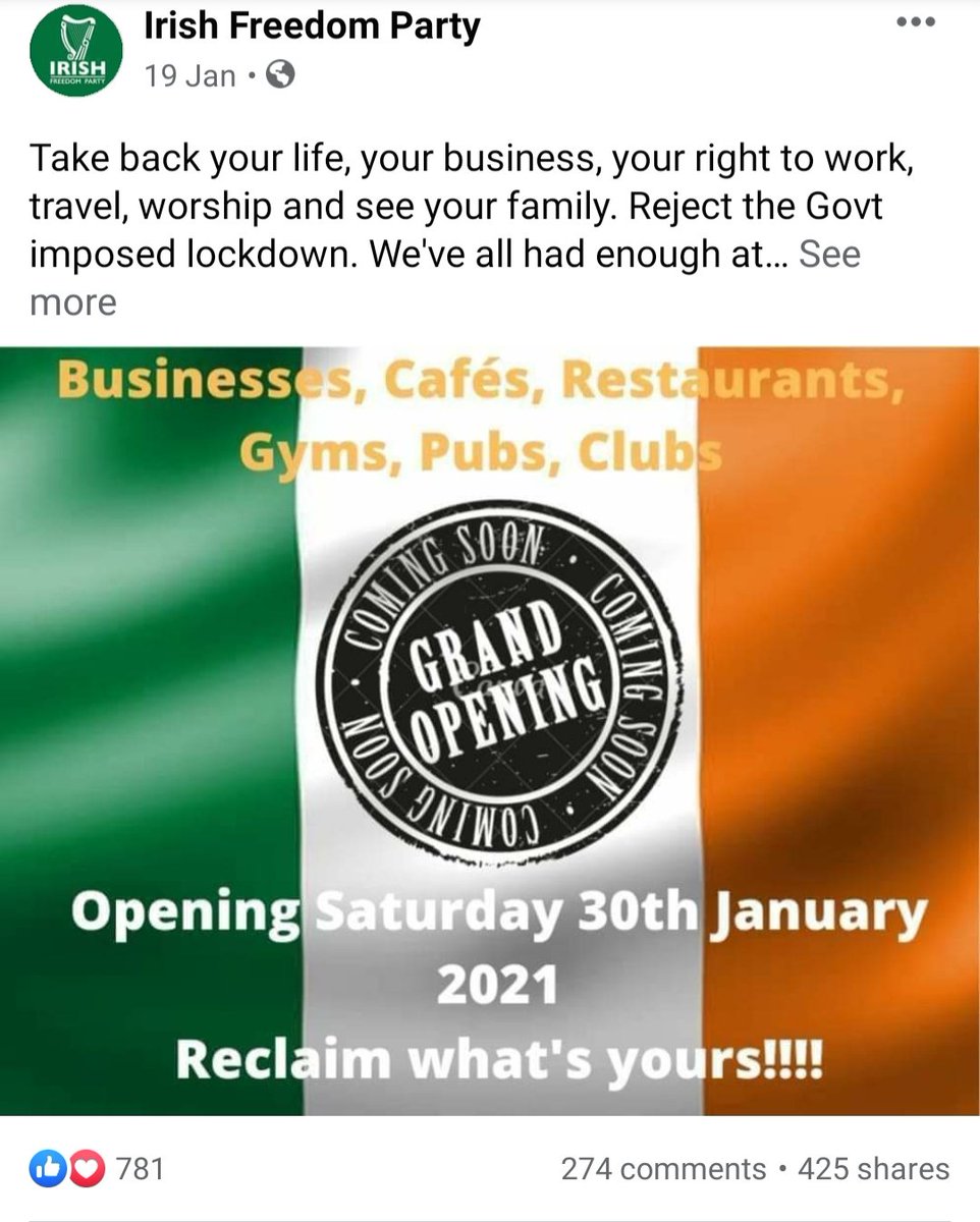 Fascist groups in  #Ireland & U.K. hve been relentless in trying to cause chaos & exploit people's ignorance, anger & fear during  #COVID19Now they're calling for non essential businesses to defy restrictions & all sound scientific/medical advice & open up on Jan 30th1/ #AltShite