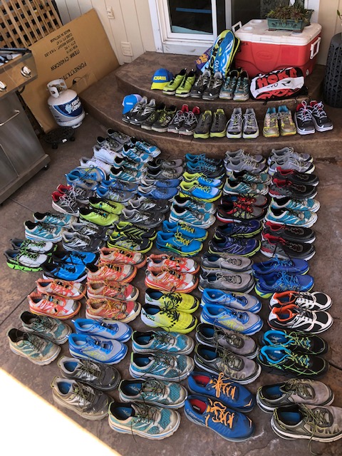 hoka's tweet photo. HOKA fan Scott Weaver has quite the collection of HOKAs; how does your collection compare? #TimeToFly https://t.co/EW9Pd5PzEs