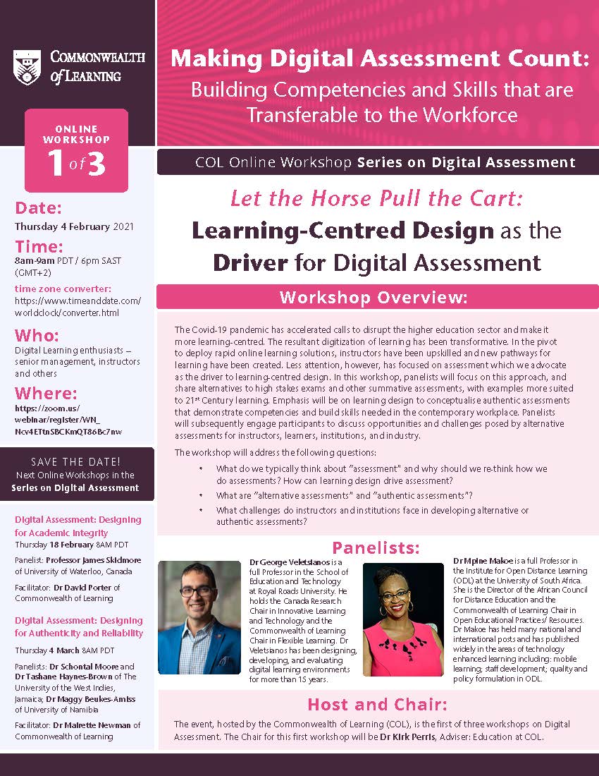 COL4D's tweet photo. COMING UP TOMORROW: "Making Digital Assessment Count:
Building Competencies and Skills that are Transferable to the Workforce. "
To register for this first workshop in COL's online series on digital assessment:
https://t.co/KWHfgIlDGg https://t.co/PTD8SncYd6