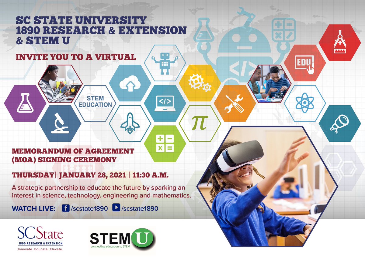 SCState1890's tweet image. Join @SCState1890 &amp;amp; STEM U Thursday, January 28 at 11:30 a.m for the virtual Memorandum of AGreement signing ceremony. 

The pair will announce their plan to revolutionize underserved communities through STEM education.  

📺:Watch LIVE on our YouTube/Facebook page!