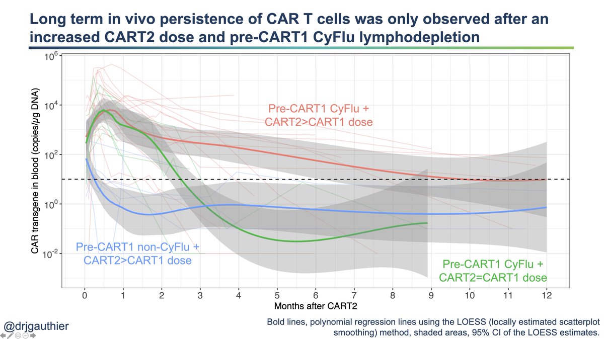 BUT when we looked at the data *longitudinally* (using my beloved LOESS smoother), increase in the CAR T-cell dose was associated with prolonged in vivo persistence! In other words, without the dose increase – DESPITE CyFlu pre-CART1 – loss of persistence was still swift. 15/24