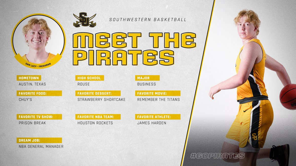 SUPiratesMBB's tweet photo. It's Tuesday but that won't stop us from continuing #MeetThePirates! Up next is Sam Lacy, who makes the short trek from Rouse HS in nearby Leander, TX to Georgetown, where he is reunited on the court with former Rouse HS teammate Zac Black! Big things ahead for Sam! #GoPirates https://t.co/yFRSb8FovX