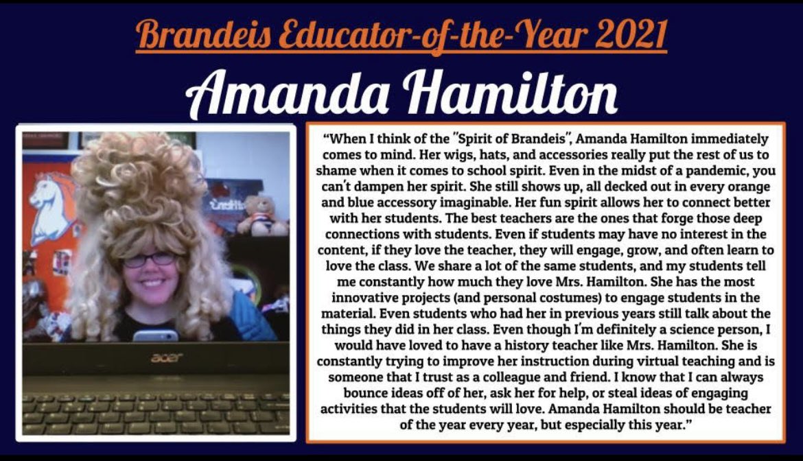 NISDBrandeis's tweet photo. 💙🧡CONGRATULATIONS to our 2021 EDUCATOR OF THE YEAR 🧡💙~ Mrs. Amanda Hamilton!!! 👏🏽👏🏽 @geriberger08 @MrsHamiltonBHS @BrandeisSoc @NISD https://t.co/ypmvTgy2PR