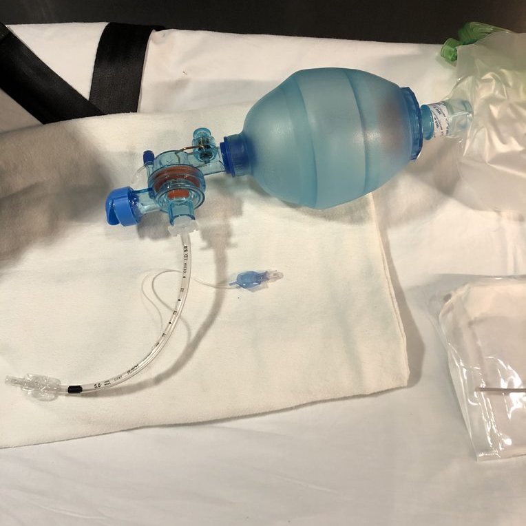 For patients having trouble breathing crews can start with a non-rebreather and then if needed work our way up to bag-valve mask or even intubation. The suction is used to help clear any fluids during intubation.