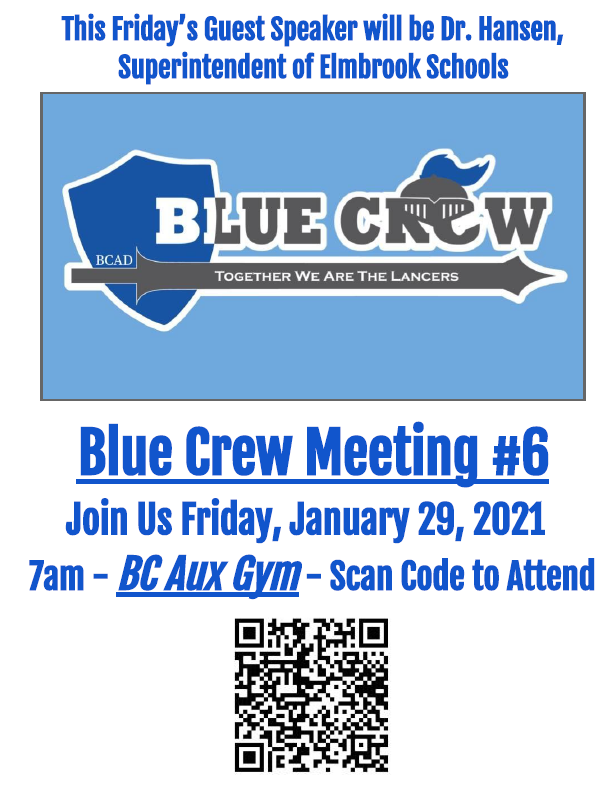 BCHSAAD's tweet photo. Join @BC_Blue_Crew this Friday morning, 7am in the BC Aux Gym Cafeteria.  @ElmbrookSUP will be our guest speaker!  Sign up here: https://t.co/KnIDidxkeC All are welcome to attend! https://t.co/swtE3zvp5s