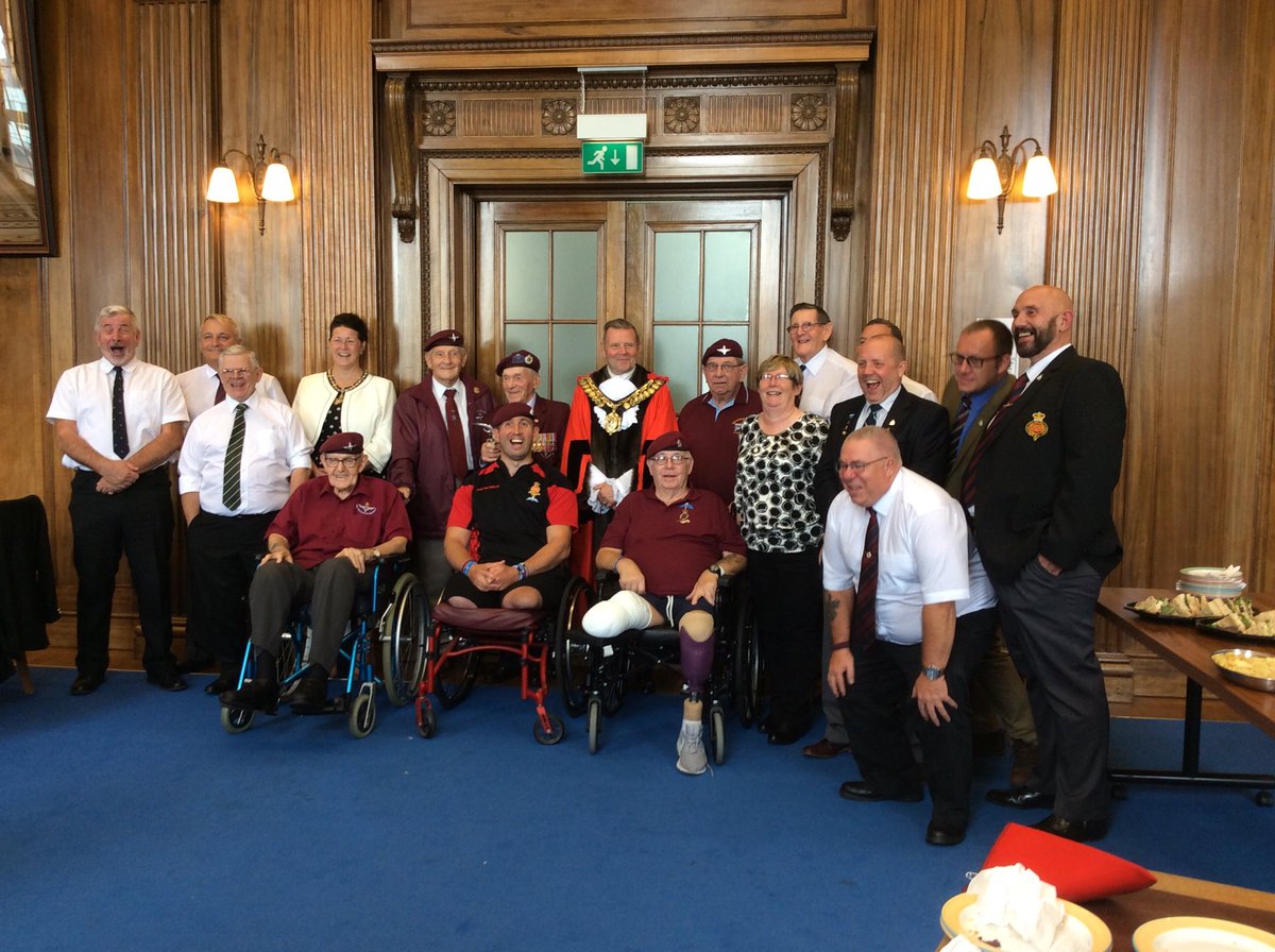 Looking back on happier times, Tom’s 99th Birthday in Barnsley Town Hall , the guest of the mayor Cllr Steve Green, and with his comrades celebrating his birthday.
