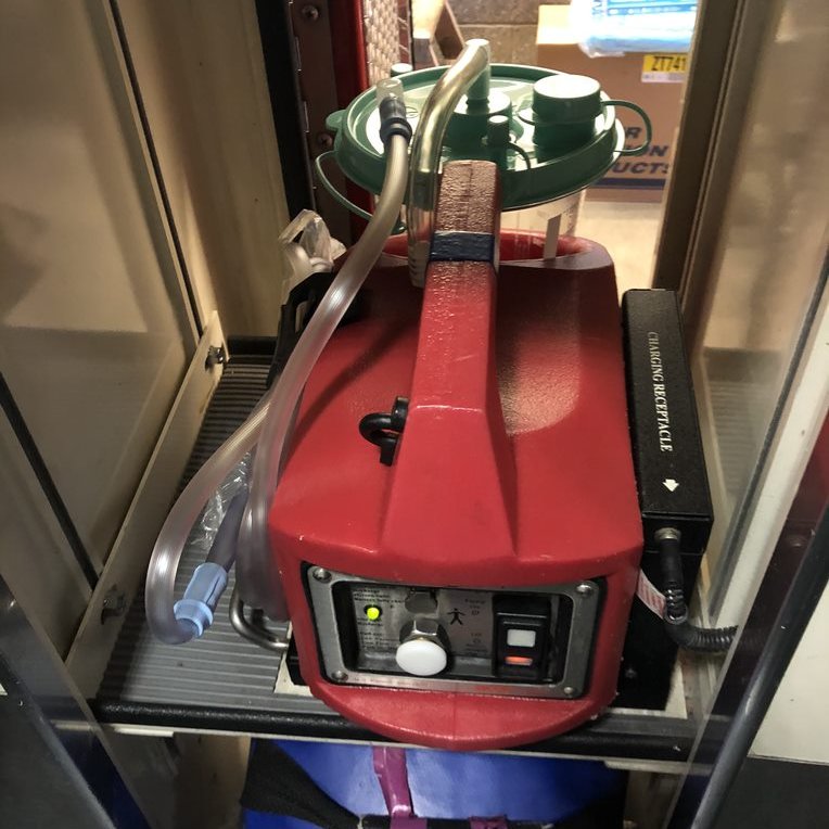 For patients having trouble breathing crews can start with a non-rebreather and then if needed work our way up to bag-valve mask or even intubation. The suction is used to help clear any fluids during intubation.