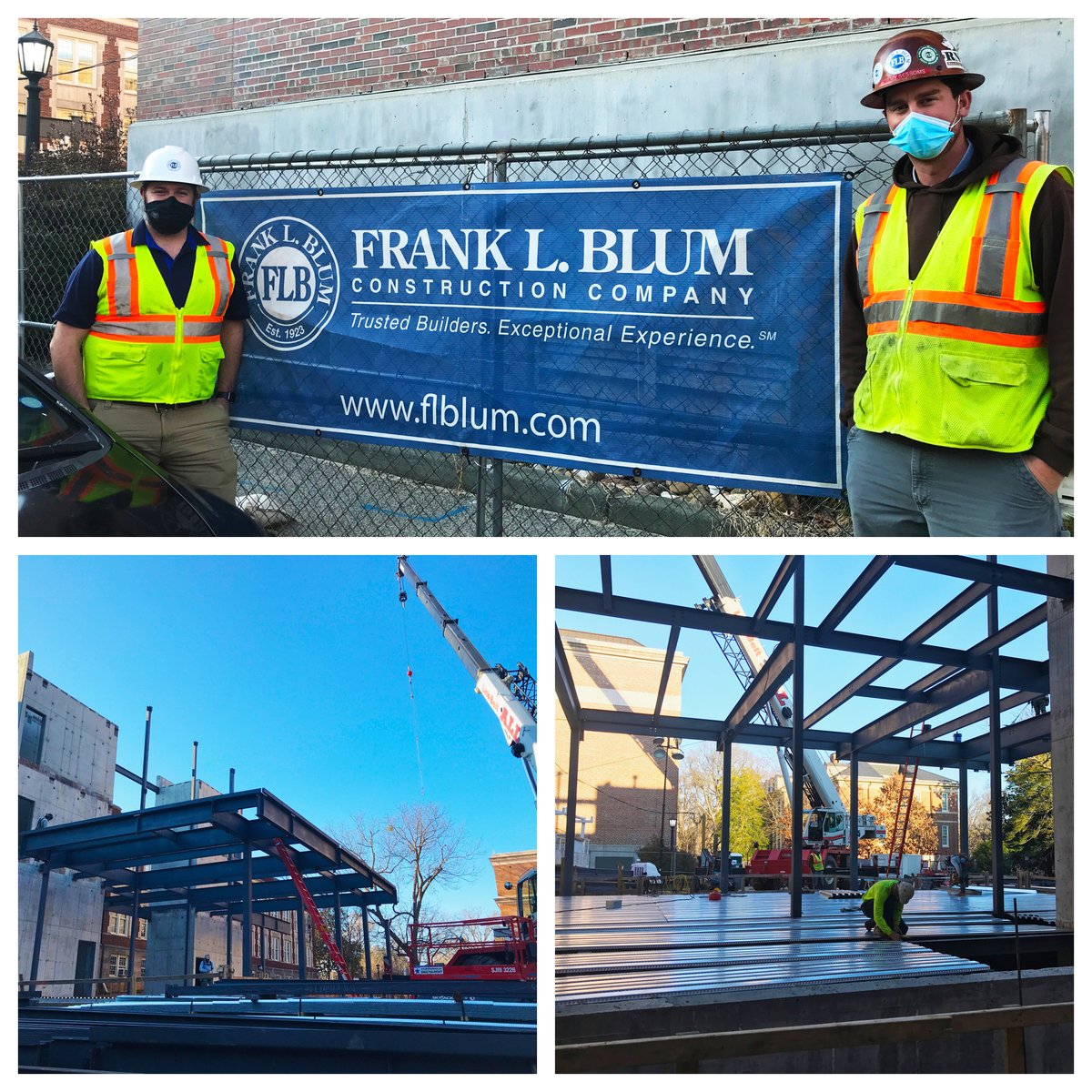 FLBlumConstr's tweet photo. Buildings on three sides of Curtis Media Center at UNC-Chapel Hill require a crane to safely maneuver materials. Blum Superintendents, Jeremy Sessoms and Steve Scott are vigilant to avoid safety risks as they prepare for the Topping Out ceremony. #UNC #franklblumconstruction https://t.co/ih7sp4JG0E