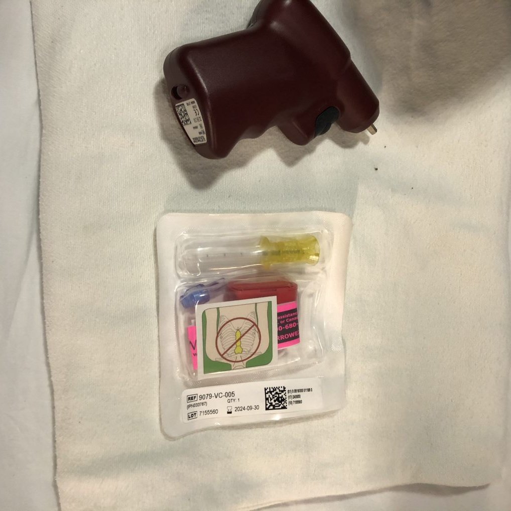 Most of the patients our medics transport get some kind of vascular access for fluids or medications. An IV is always the first try, but since the sickest patients need two sites of access sometimes intra-osseus (IO) access is required (goes into the bone marrow).