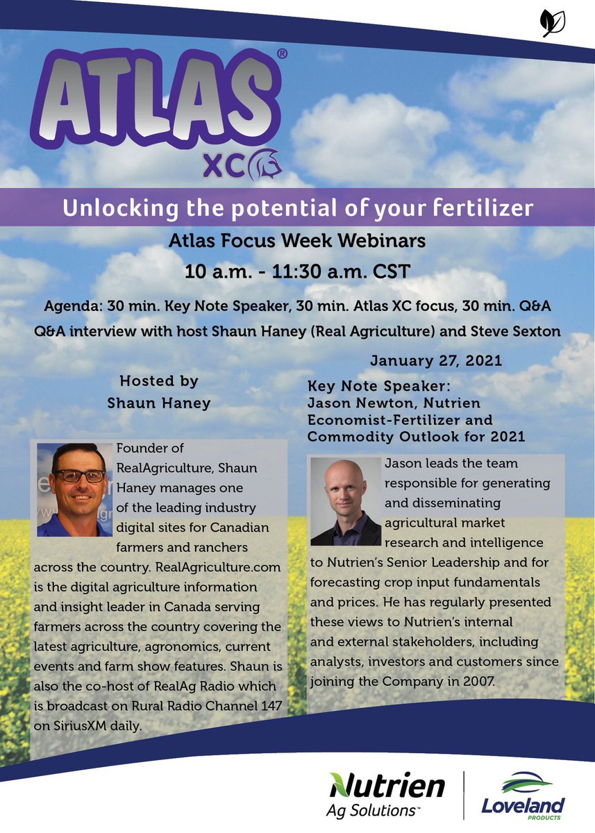 There is still time to register for tomorrow’s webinar at 10am CST (SK) time. Jason Newton is going to bring a great presentation on #fertilizer and #commodity outlooks. Steve Sexton is going to talk #AtlasXC with Shaun Haney! 
Register here: bit.ly/3iq9ceS