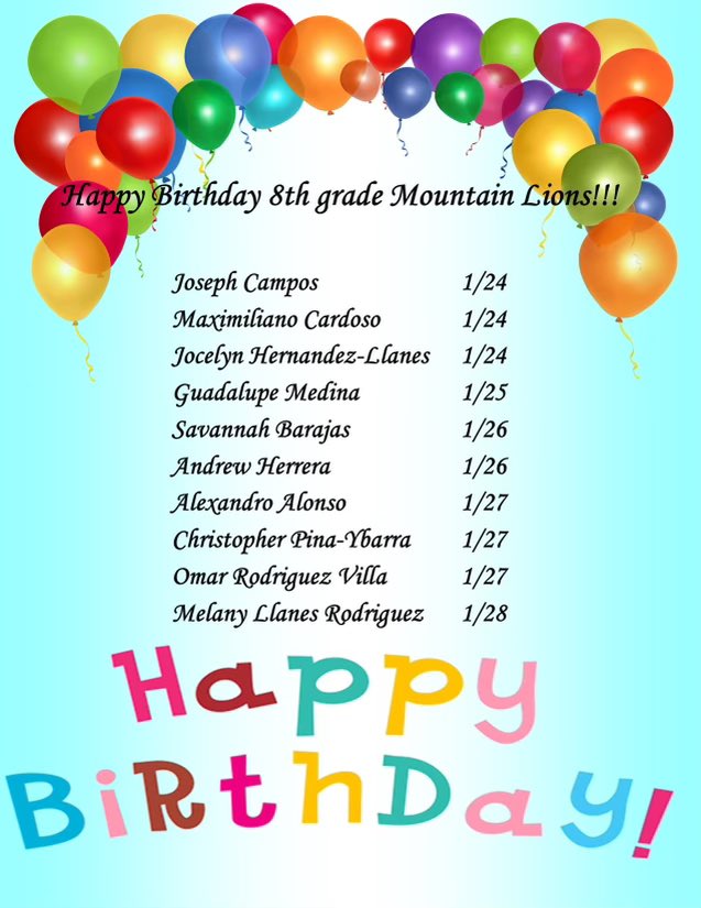 nqaqish1's tweet photo. Happiest birthday to our amazing MLMS Mtn Lions for this week 1/24/21-1/30/21 🥳🥳 we hope you all have a wonderful day 🥳@MiraLoma_Middle https://t.co/4cdn4bRy6k