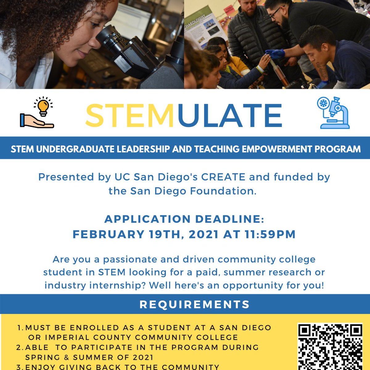itsvasquez2u's tweet photo. We are pleased to announce the launch of the STEMULATE Program! Thanks to @UCSDCREATE & @sd_fdn for bringing this program to fruition. STEMULATE is exclusively for community college students and will provide (14) paid summer STEM research opportunities.
https://t.co/OJhwVeZ0tf https://t.co/hMOyFAxoDo