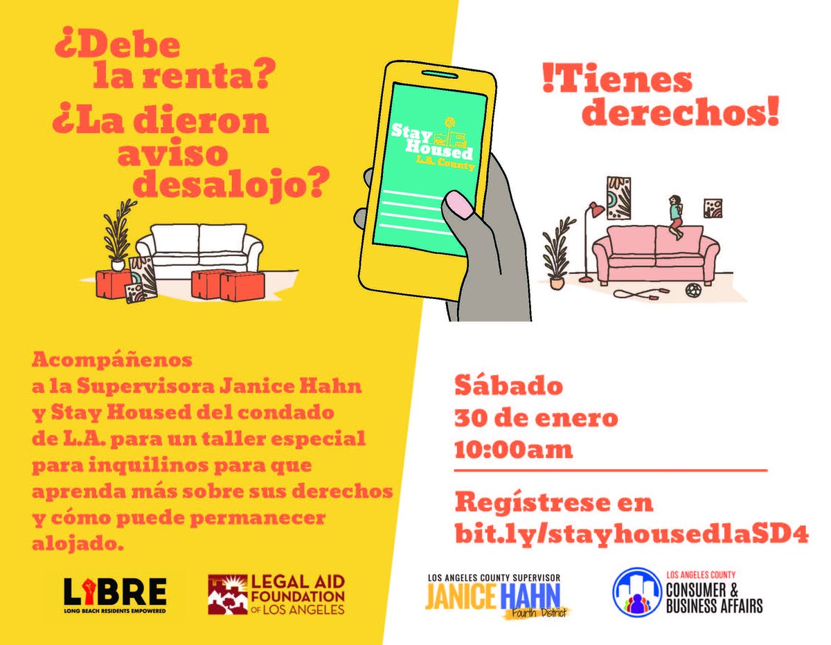 #Inquilinos: ¡Únase a nosotros este sábado a las 10 de la mañana para aprender sobre sus derechos! 

Confirme asistencia por este link: bit.ly/stayhousedlaSD4