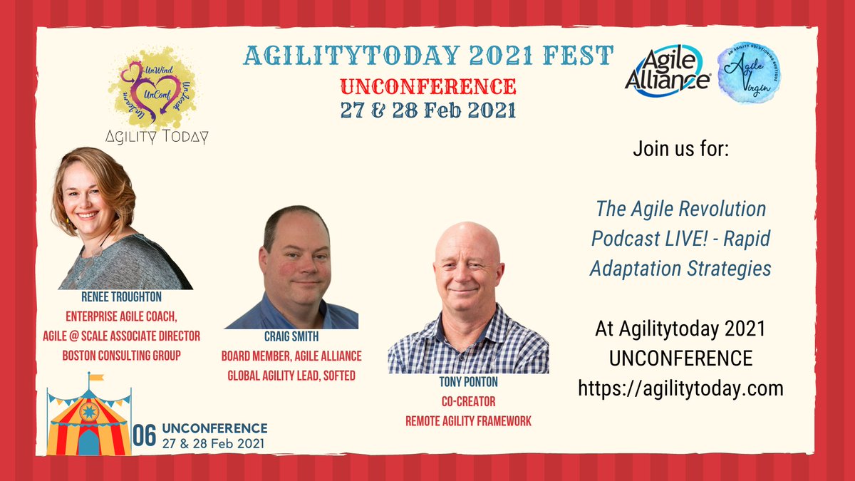 I am excited to be doing a live <a href="/TheAgilePodcast/">The Agile Revolution</a> with my co-hosts <a href="/smithcdau/">Craig Smith</a> and <a href="/SvenNotnop/">Tony Ponton</a> at the <a href="/AgilityToday/">AgilityToday</a> unconference on the 27t of Feb. We will be discussing all things Agile but focussing on rapid adaptation strategies. #agilitytoday2021