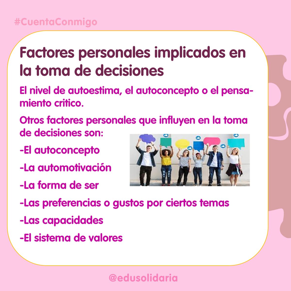 edusolidaria's tweet photo. ☀️Hoy Cuenta Conmigo nos comparte una reflexión sobre la importancia de cómo tomamos nuestras decisiones.🤲

#CuentaConmigo #psicologiapositiva
#TomaDeDecisionesEnLaAdolescencia 
#Emocional #autoestima https://t.co/S2XQswSr9U
