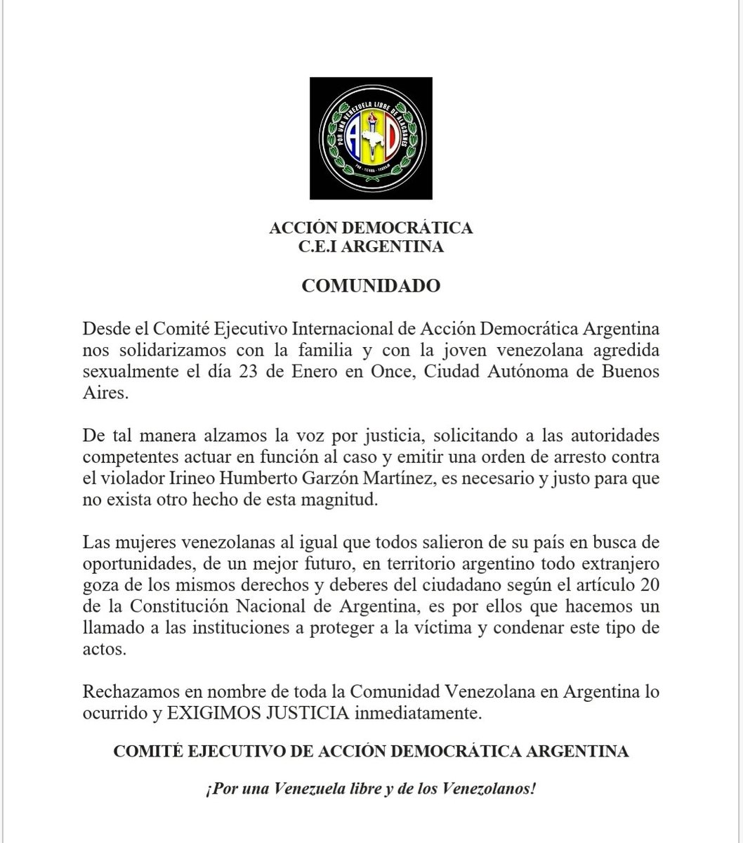 MaxroberthG's tweet photo. Desde @ADArgentina_ alzamos la voz pidiendo justicia por la joven venezolana abusada por Irineo Garzón Martinez en Once, CABA

Ya basta de que las mujeres corran peligro, no es un grito de ayuda es un grito de ¡JUSTICIA Y SEGURIDAD! Para todas.
#garzonviolador https://t.co/LOAIoS7RVY