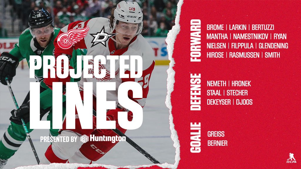 DetroitRedWings's tweet photo. Tonight’s projected lineup in Dallas. 

#DETvsDAL x #LGRW https://t.co/vULyS8bG2I