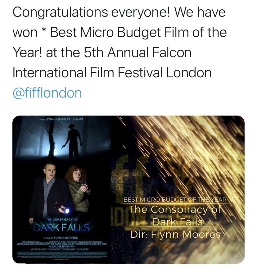 EthanChapples's tweet photo. Awesome news... thanks @fifflondon I think that makes it our 14th award!! 👏👏👏 Well Done Team!! #conspiracyofdarkfalls #film #independentfilm #fifflondon https://t.co/YyOc9YdmGz