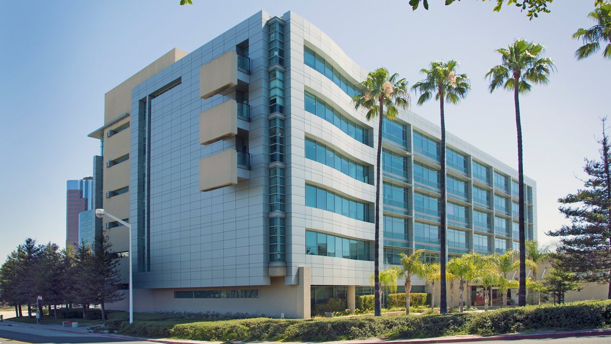 A photo of an eight-story metal and glass building with palm trees in the front.