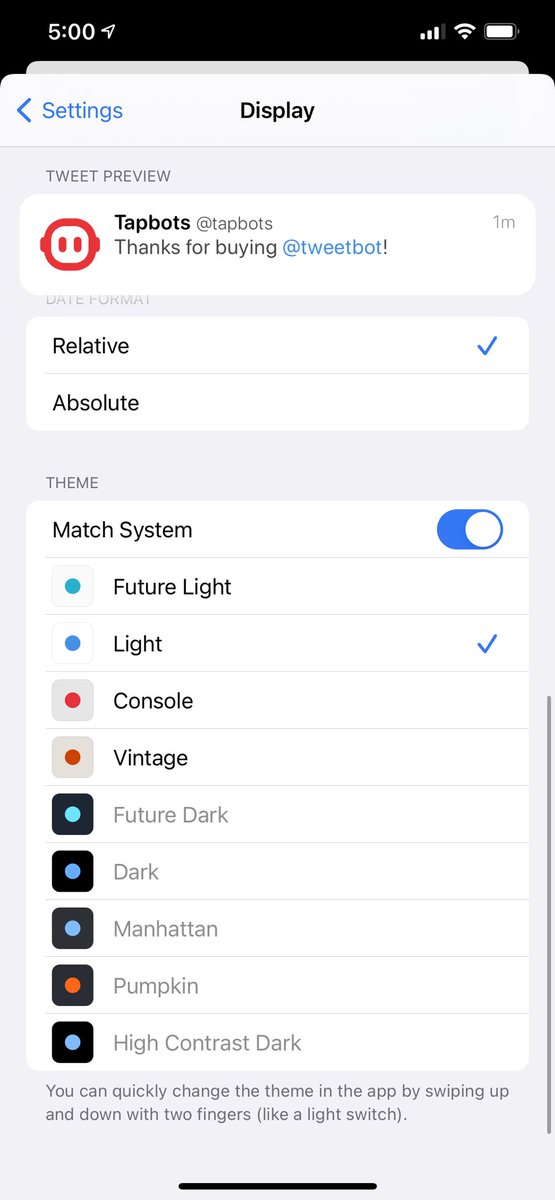 I honestly have no idea how the Theme section works. How can I had match system AND only a light theme selected? And apparently dark themes all silently require a Subscription.