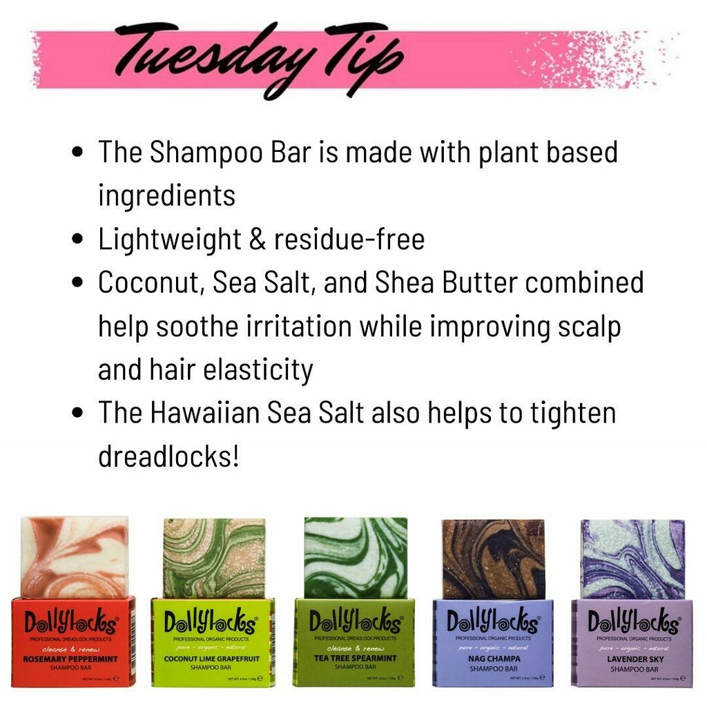 Tuesday Tips &amp; Tricks featuring Dollylocks Shampoo Bars:
5️⃣ scents, 2️⃣ sizes, 🚫 sulfates, vegan 🌱, cruelty free 🐇, parables free, gluten free 💗 

Dollylocks Shampoo Bars are perfect for dreadlocks of all ages, but especially for newer dreadlocks❕Ca… instagr.am/p/CKhl_d_AZU6/