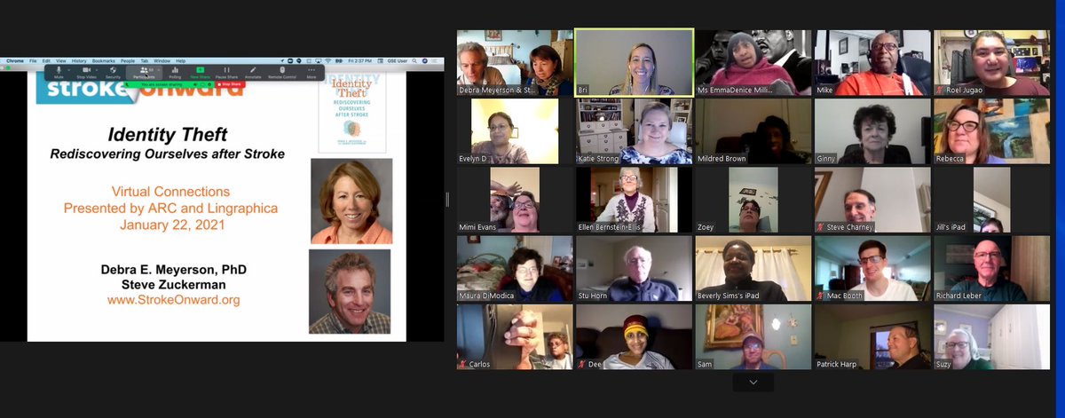 StrokeOnward's tweet photo. We'd like to thank @ARCaphasia and @Lingraphica for inviting @identity_stroke as “Mystery Guest” on their Virtual Connections program. More than 50 participants – mostly survivors w/ #aphasia, were inspiring in their commitment to push through their challenges &amp; build community. https://t.co/edZAJORZ4h