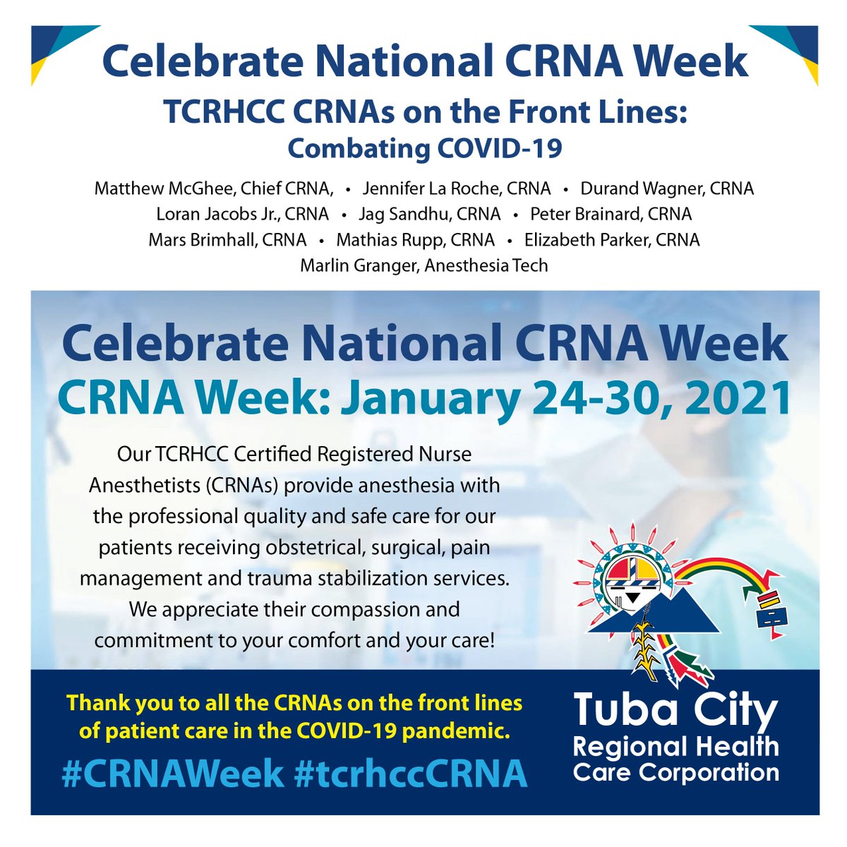 TCRHCC's tweet photo. It's National CRNA Week! We are proud to celebrate our #TCRHCC CRNAs who provide anesthesia care, comfort, and compassion to our patients on a daily basis.
#TeamTCRHCC #OurCRNArock #CRNAWeek #tcrhccCRNA https://t.co/gYUo84gVBr