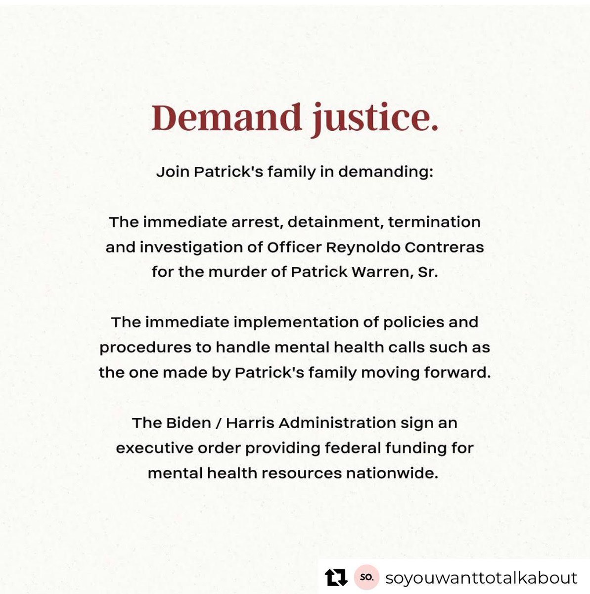 "A mental health call should not be a death sentence." - Lee Merritt, Esq.
Patrick Warren, Sr. is a member of our greater human family. Take 10 minutes today + follow through on the action items in this post.
For more info, see original post from @soyouwanttotalkabout 
#theoptin