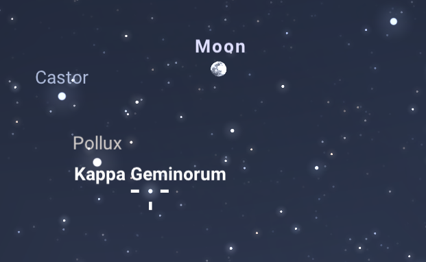 scottlevine13's tweet photo. Tonight! #LookUp to see the #Moon finish this month's trip across the #WinterHexagon (#WinterCircle-a-gon), where it's in a pretty little triangle with Castor and Pollux Goldstein. That other star near Pollux is Kappa Geminorum, a beautiful, mellow double star about 150 LY away. https://t.co/KFEYGlLeha