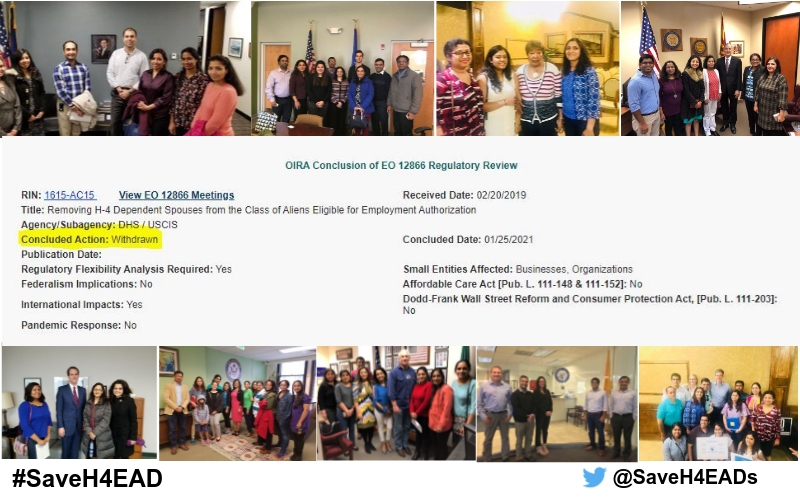 SaveH4EADs's tweet photo. After years of advocacy, meeting congress members, DHS/OMB &amp; collecting irrefutable data on value add of H4EAD not only to economy but also to provide life of dignity to thousands of immigrants, we are pleased to announce that new admin has withdrawn regulation to help #SaveH4EAD https://t.co/rq2xeybTHZ