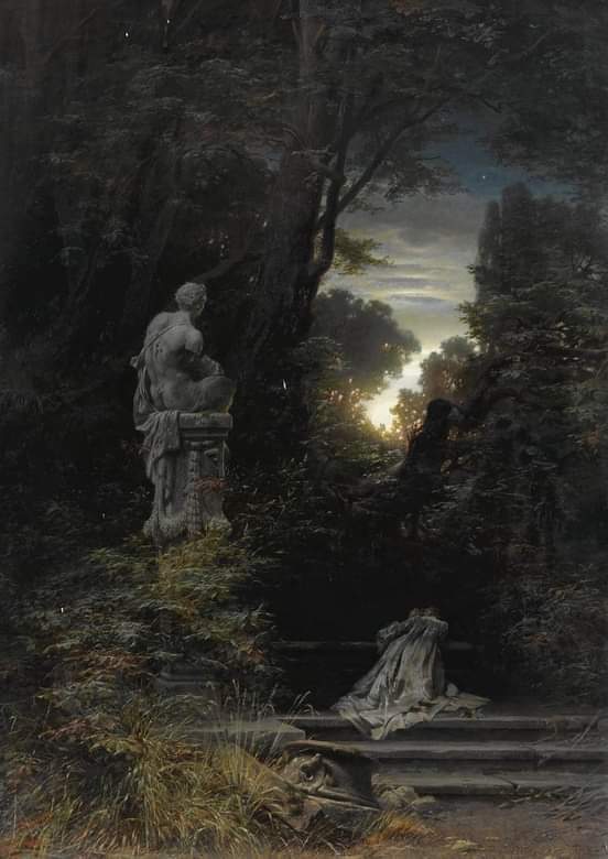 artviews's tweet photo. A woman at a fountain with rising moon (1866) -  Ferdinand Knab https://t.co/EtEKjWnsOB