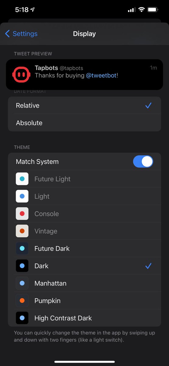 Ohhhhh wow, to pick a dark theme you have to go into dark mode. The footnote doesn’t mention this, it looks identical to paywalled features, and tbf... it’s just not gonna fly.What about letting us pick every theme, then show it and “Previewing...5,4,...” toast.