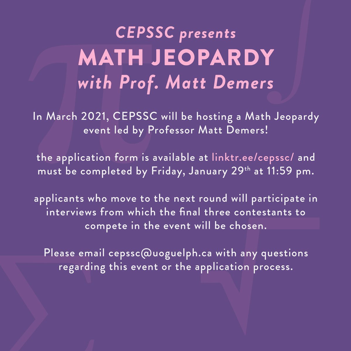 UofGCEPSSC's tweet photo. Hey Gryphons! 

CEPSSC is teaming up with Professor Matt Demers to bring you this Math Jeopardy event! 

If you would like to compete in this event, fill out the application form at https://t.co/m0adYhhTpk ! 

Applications are due on Friday, January 29th at 11:59 pm! https://t.co/dQ5gWM5KlL
