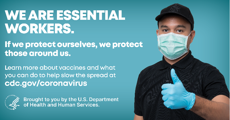HHSGov's tweet photo. Vaccines are here. But it's important that we continue to stay six feet away from others, wear masks, and avoid crowds to help slow the spread of COVID-19.