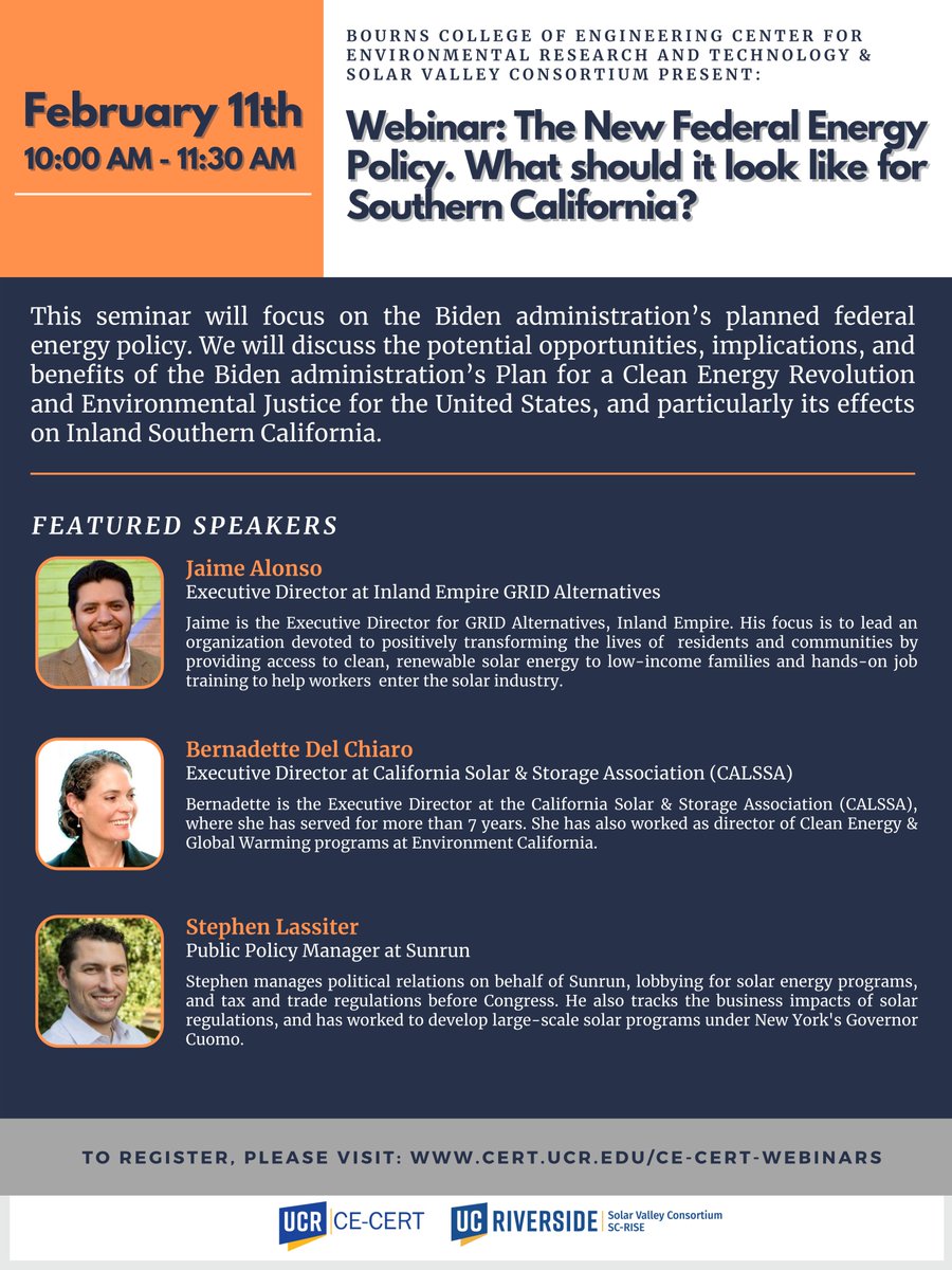 We are excited to announce our upcoming webinar on February 11, where we'll discuss what Biden's new federal energy policy means for Southern California 🔌🌴Our speakers will include <a href="/DelChiaroSolar/">Bernadette Del Chiaro</a> , <a href="/JaimeArtAlonso/">Jaime Alonso</a> , and Stephen Lassiter. Register at bit.ly/SolarValleyWeb…