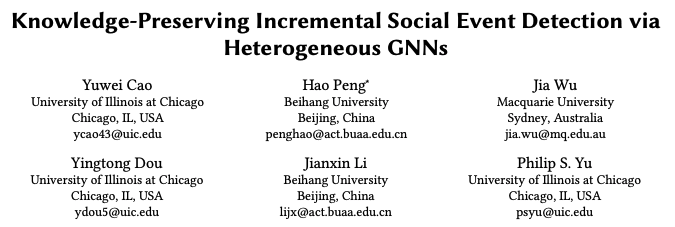dozee_sim's tweet image. 🔔New paper out! 

Our #TheWebConference 2021 paper &quot;Knowledge-Preserving Incremental Social Event Detection via Heterogeneous GNNs&quot; (arxiv.org/pdf/2101.08747…) adapts GNN to the social event detection problem under an incremental learning setting.

#graphmining #eventdetection