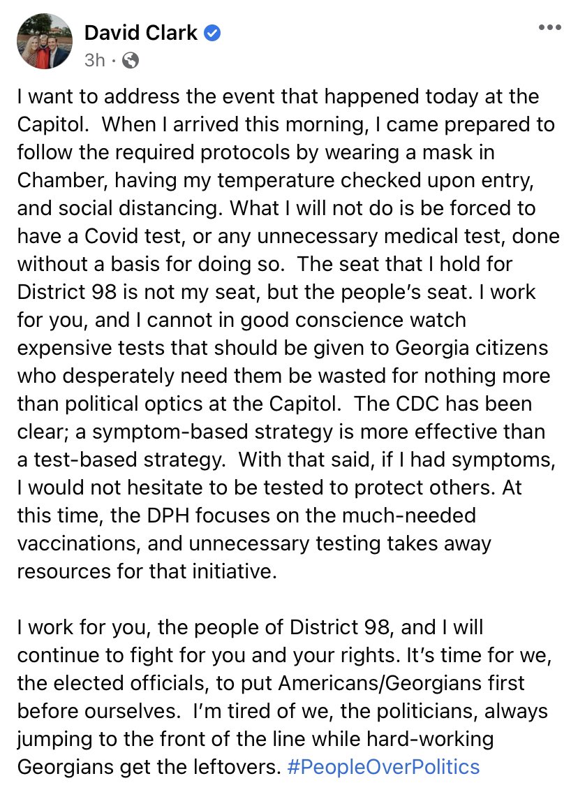 rahulbali's tweet photo. Georgia State Representative David Clark talks about what happened on the Georgia House Floor Tuesday, when he was removed by House Speaker David Ralston for not following the House’s COVID-19 testing policy. He has also lost his legislative office space. #gapol  #GPBLawmakers https://t.co/PxeFOpf3fQ