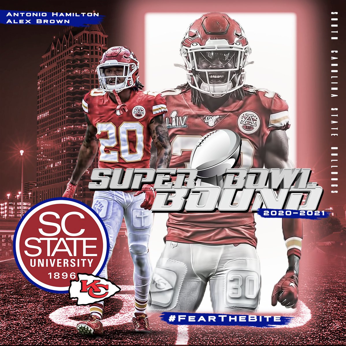 SCState_Fb's tweet photo. Big Congratulations to @UnitedSt8Of_Ham and @shutdownbrown30 for making it to SUPERBOWL LV with the @Chiefs 

Continue to represent the SC STATE BULDOGS with Honor and Passion! Now let’s win this CHIP! @MEACSports  @SCStateAthletic 

#SoHard
#BiteDown
#FearTheBite
🔴🔵🐶🏈 https://t.co/fZ2L8tEoWo