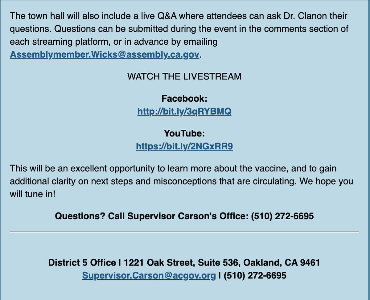SarahBelleLin's tweet photo. #Oakand VACCINE TOWN HALL OPPORTUNITY: This Friday, Jan. 29 at 1 pm, Oakland Supervisor @Keith_Carson will be hosting a vaccine town hall with Assemblymember @BuffyWicks. Send your questions to: Assemblymember.Wicks@assembly.ca.gov 

Check next tweet for FB and Youtube links: https://t.co/WhrftmjgIT
