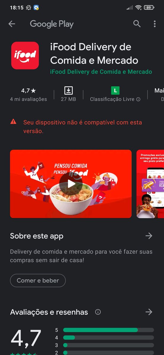 melquelost's tweet photo. @iFood vocês atolam o @YouTubeBrasil de propaganda e nem tem versão pro meu celular ? 
Xiaomi redmi note 8 https://t.co/p4mzXO95FN