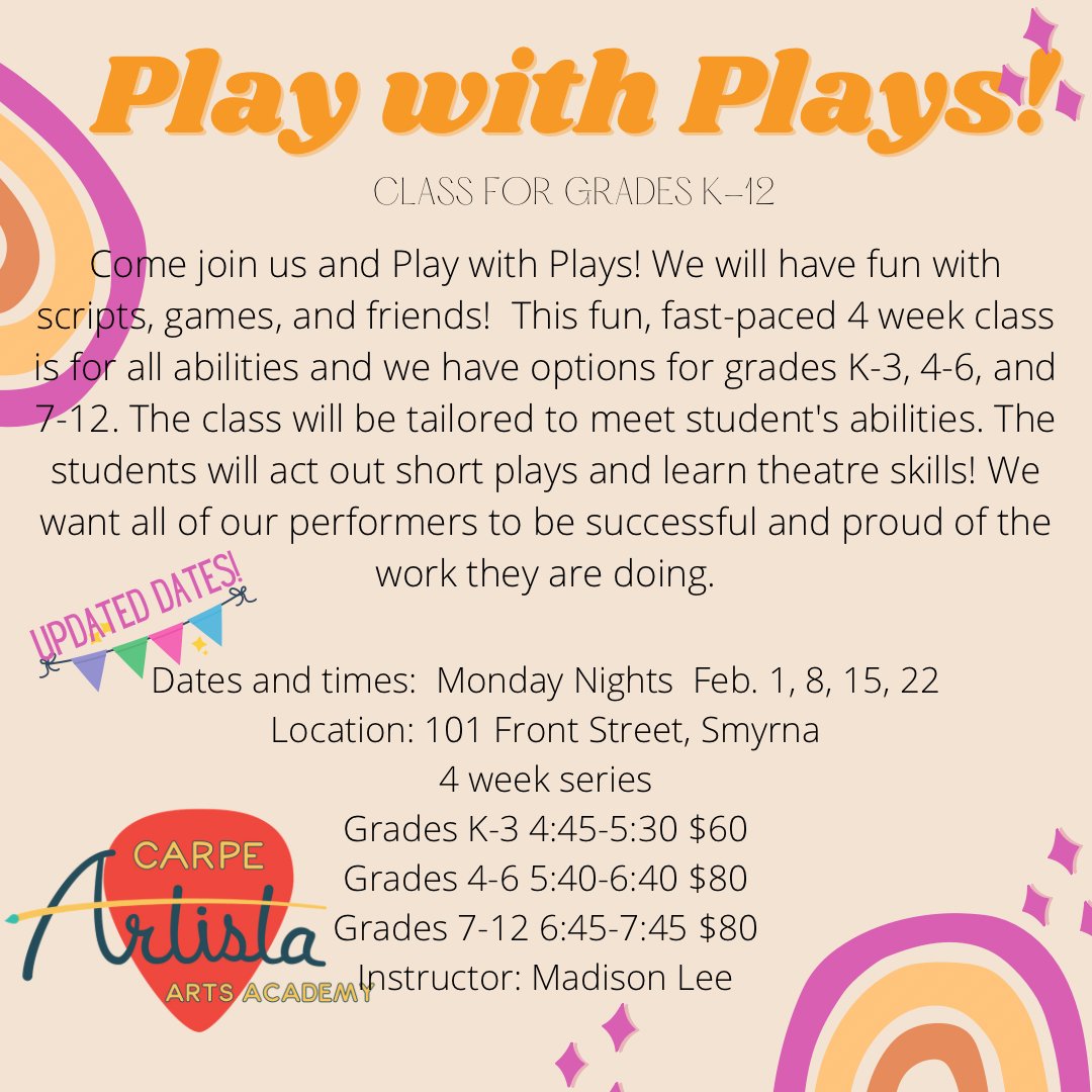 Acting class for all abilities in grades k-12 begins 1 week from today. Sign up online at carpeartista.com/classes
