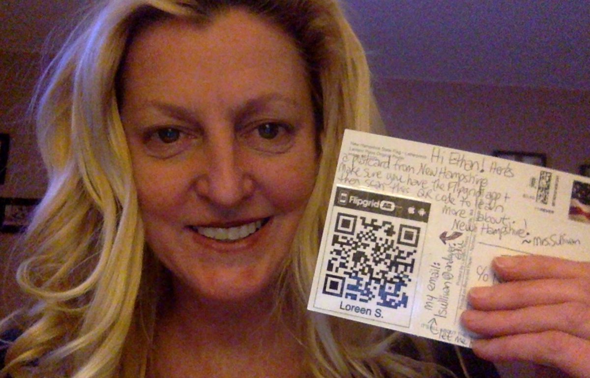 edtechspelunker's tweet photo. Found out a student at Kelly Elementary in Grand Forks North Dakota was collecting postcards from every state but still needed a few, including New Hampshire.  Decided to do a @Flipgrid short about NH and tape it to the postcard.  It's in the mail...hope you love it @KellyGFPS!! https://t.co/GDZdZ958hu