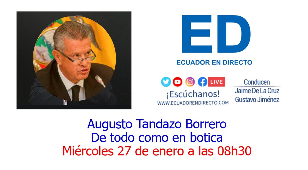 augustotandazo's tweet photo. MAÑANA MIÉRCOLES 27 DE ENERO A LAS 08H30 ENTREVISTA EN ECUADOR EN DIRECTO. FAVOR ESCUCHARME. https://t.co/SNq6Cgy4sF