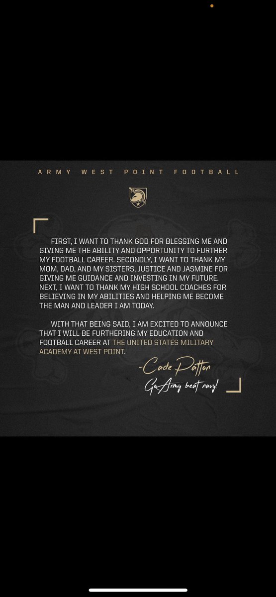 cadepatton_'s tweet photo. 100% COMMITTED 🏴‍☠️🇺🇸🏴‍☠️ @ArmyWP_Football https://t.co/BaU7qOzDZ9