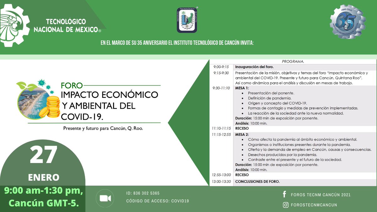 🤩¡Se aproxima la fecha para la transmisión de los foros "Impacto COVID-19 en Cancún"
Moderador: Lic. Humberto García
Ponentes:
💰Impacto Económico y Ambiental🍃:
▪️M.B.A. Ludivina Córdoba
▪️Lic. Soledad Echeveste
▪️Biól. Gonzalo Merediz
▪️Biól. Tania Gómez
▪️Lic. Jorge Hernández